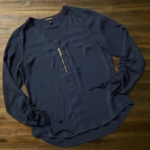 Express Dark Blue Zip Front V-Neck Blouse with Cinched Self-Tie Sleeves Small